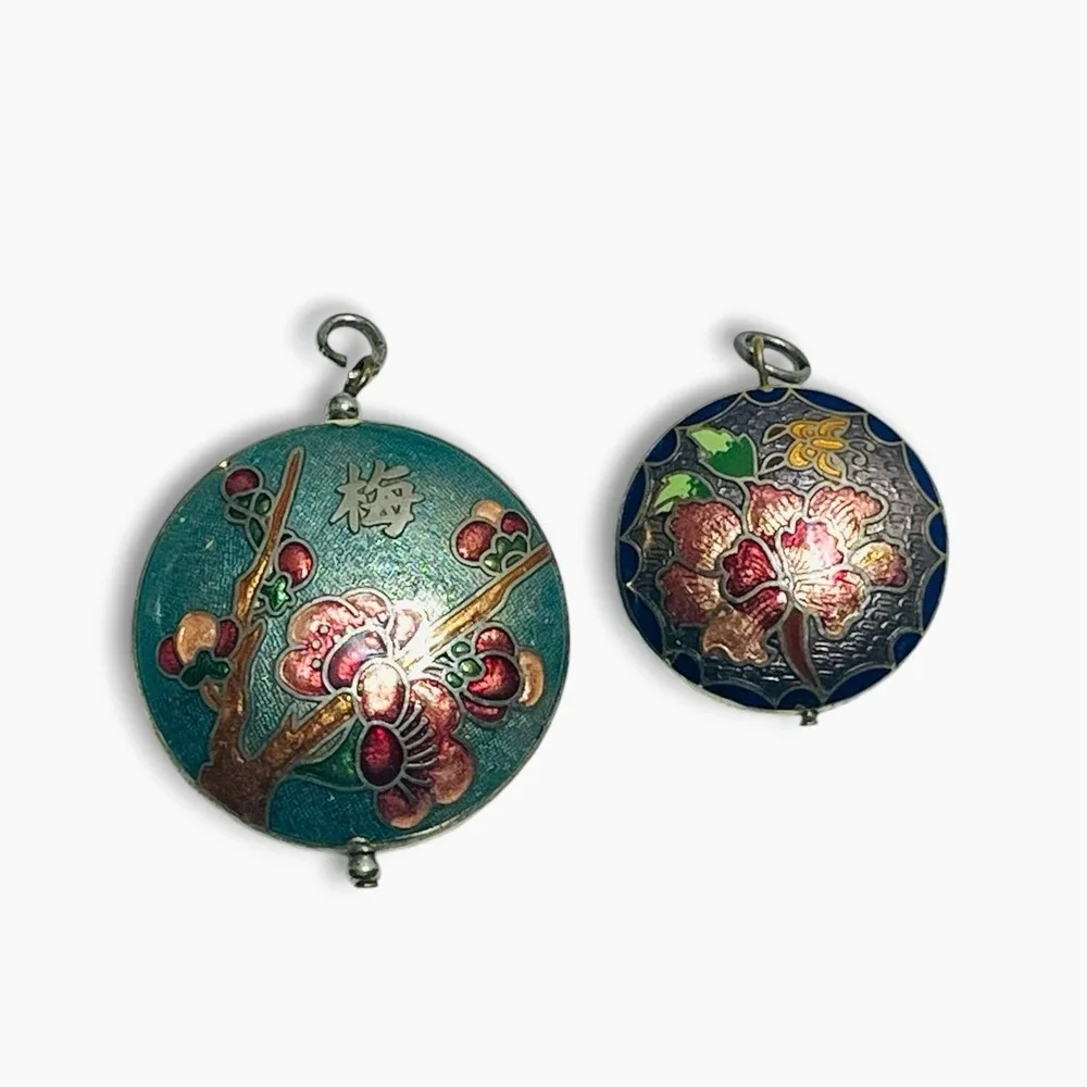 Vintage Cloisonne Enamel Pendant Plum Blossom Chinese Asian Lot Two Butterfly